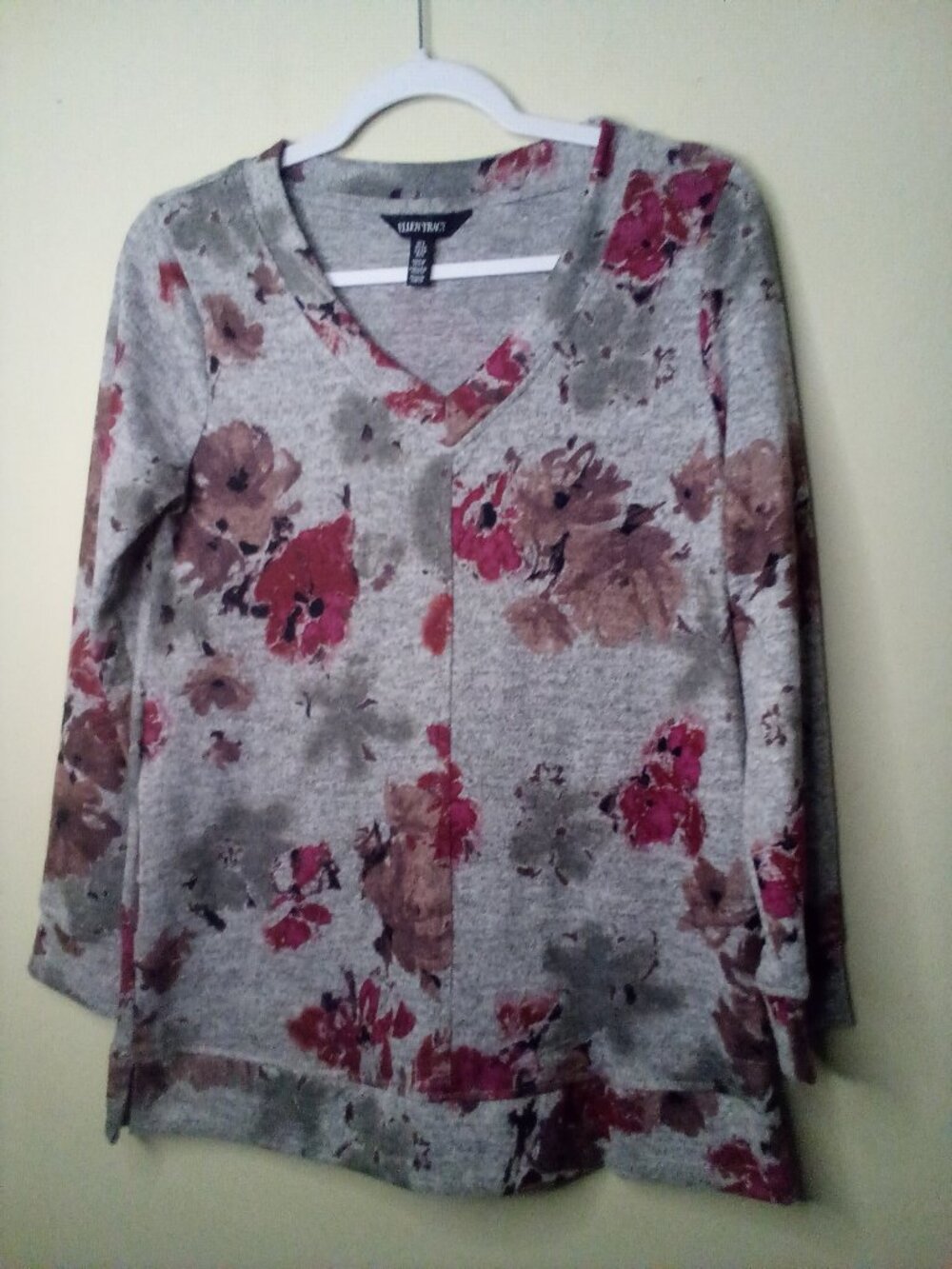 Ellen Tracy Blouse Women S Long Sleeve Soft Stretch Floral Gray Pink